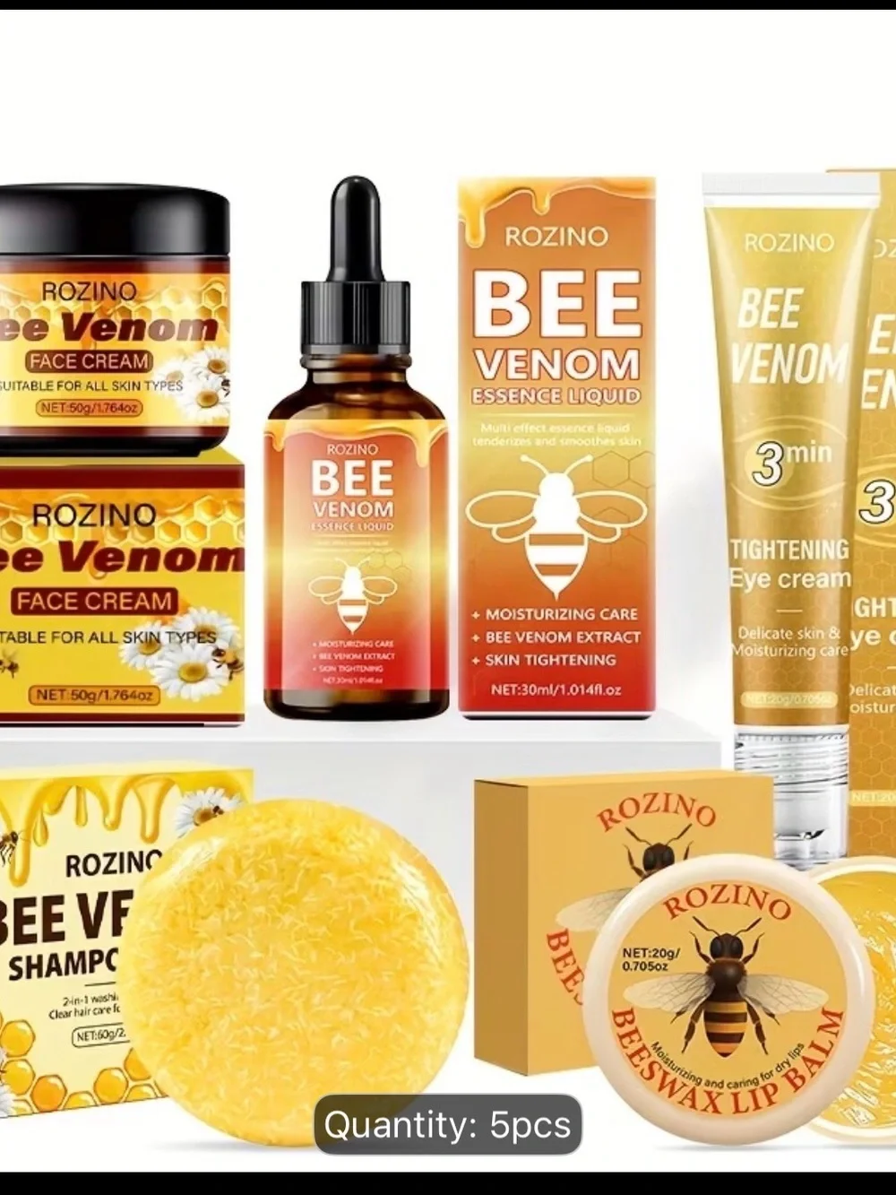 ROZINO Bee Venom Skincare Set Essence, Eye/Face Cream, Lip Balm, Shampoo Soap